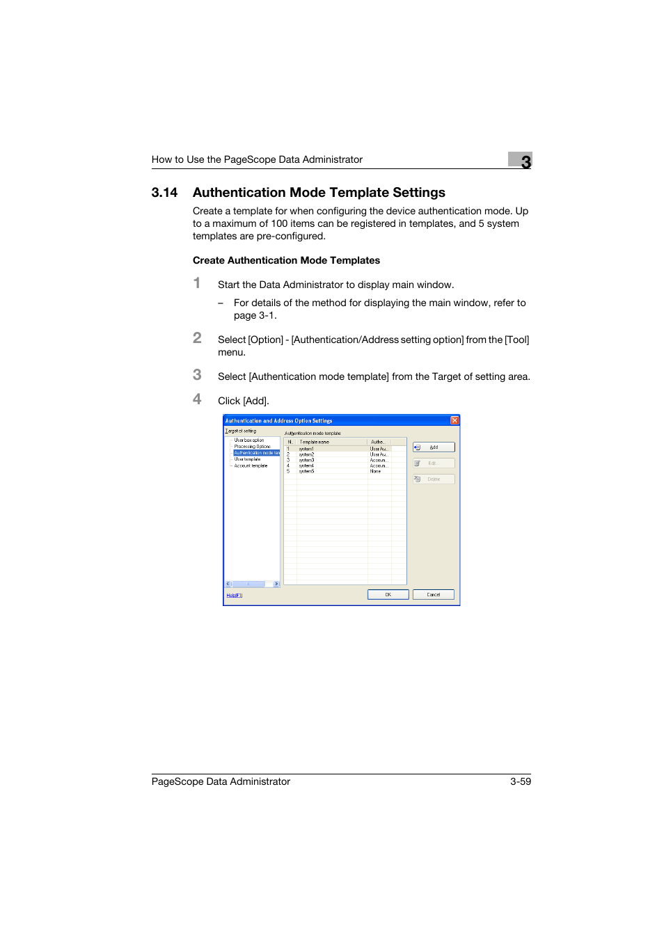 14 authentication mode template settings, Create authentication mode templates, Authentication mode template settings -59 | Create authentication mode templates -59 | Konica Minolta PageScope Data Administrator User Manual | Page 68 / 113