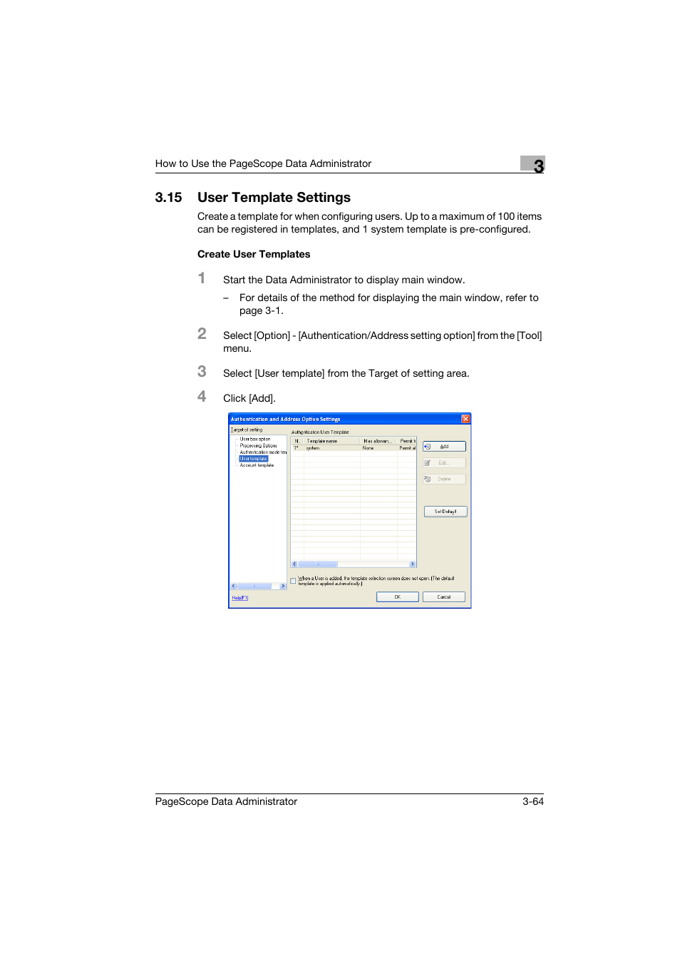 15 user template settings, Create user templates, User template settings -64 | Create user templates -64 | Konica Minolta PageScope Data Administrator User Manual | Page 73 / 113