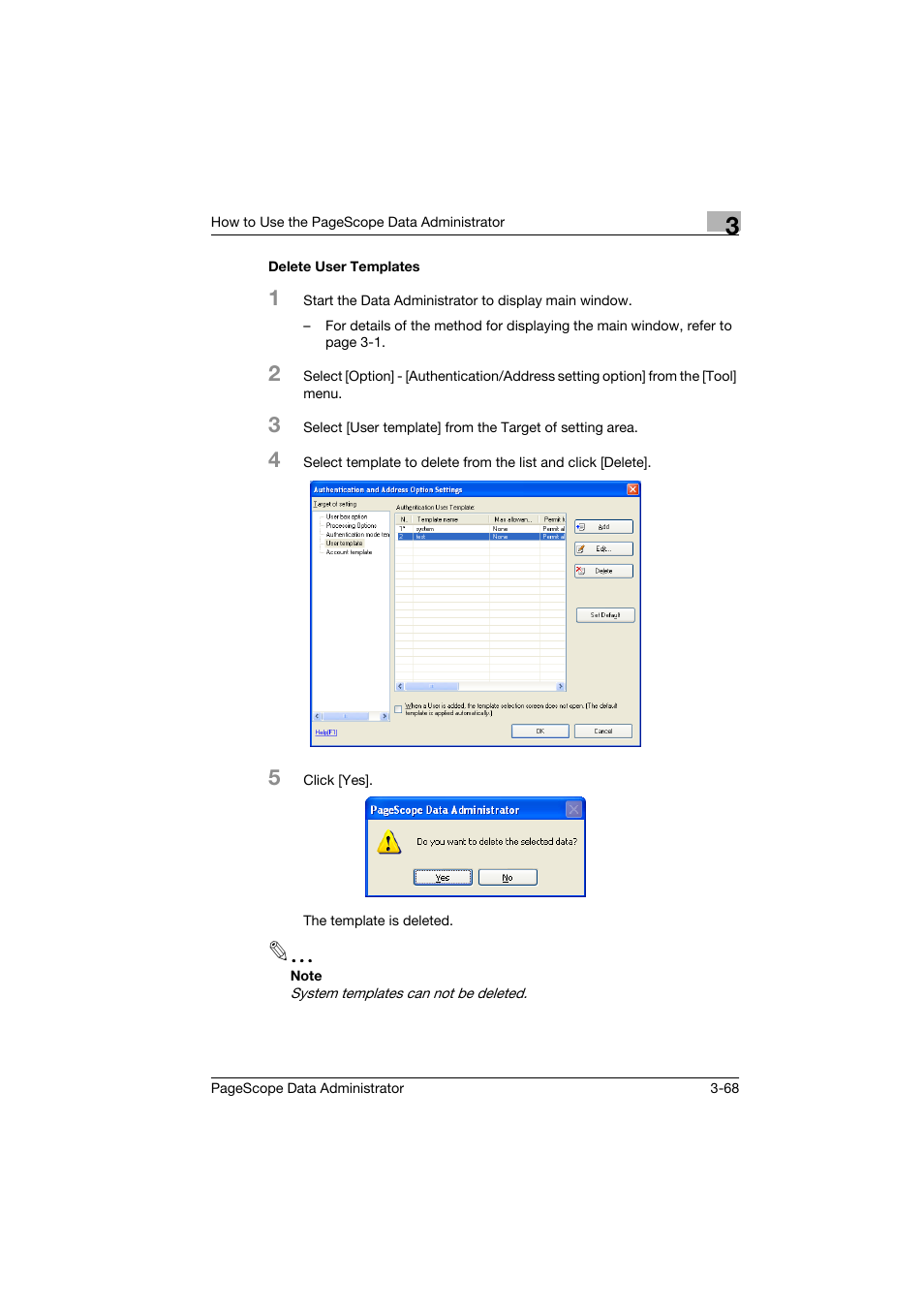 Delete user templates, Delete user templates -68 | Konica Minolta PageScope Data Administrator User Manual | Page 77 / 113