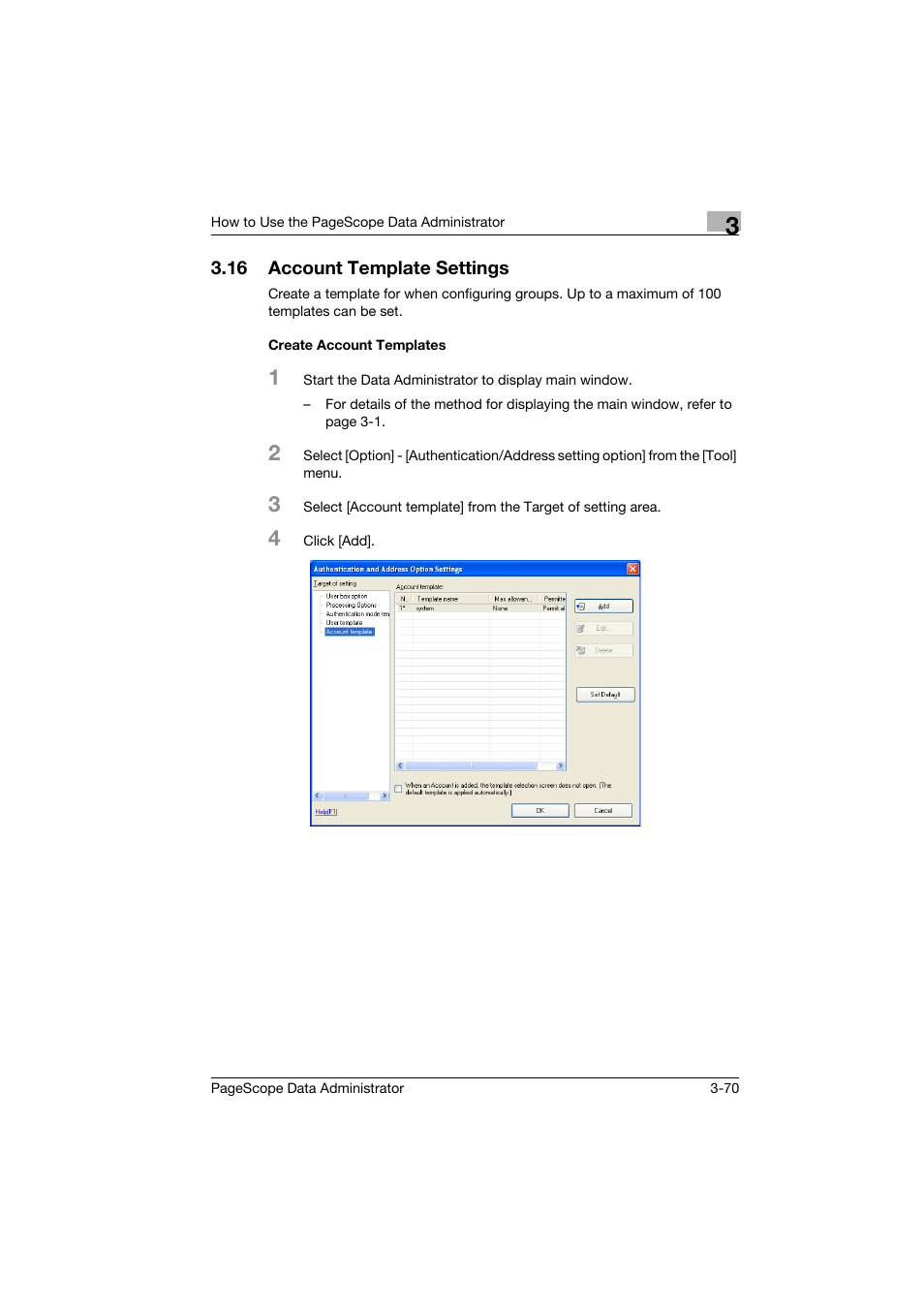 16 account template settings, Create account templates, Account template settings -70 | Create account templates -70 | Konica Minolta PageScope Data Administrator User Manual | Page 79 / 113