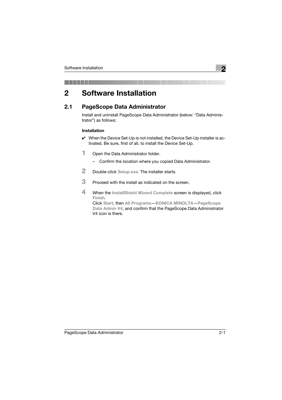 2 software installation, Installation, Software installation | Installation -1, 2software installation | Konica Minolta PageScope Data Administrator User Manual | Page 8 / 113