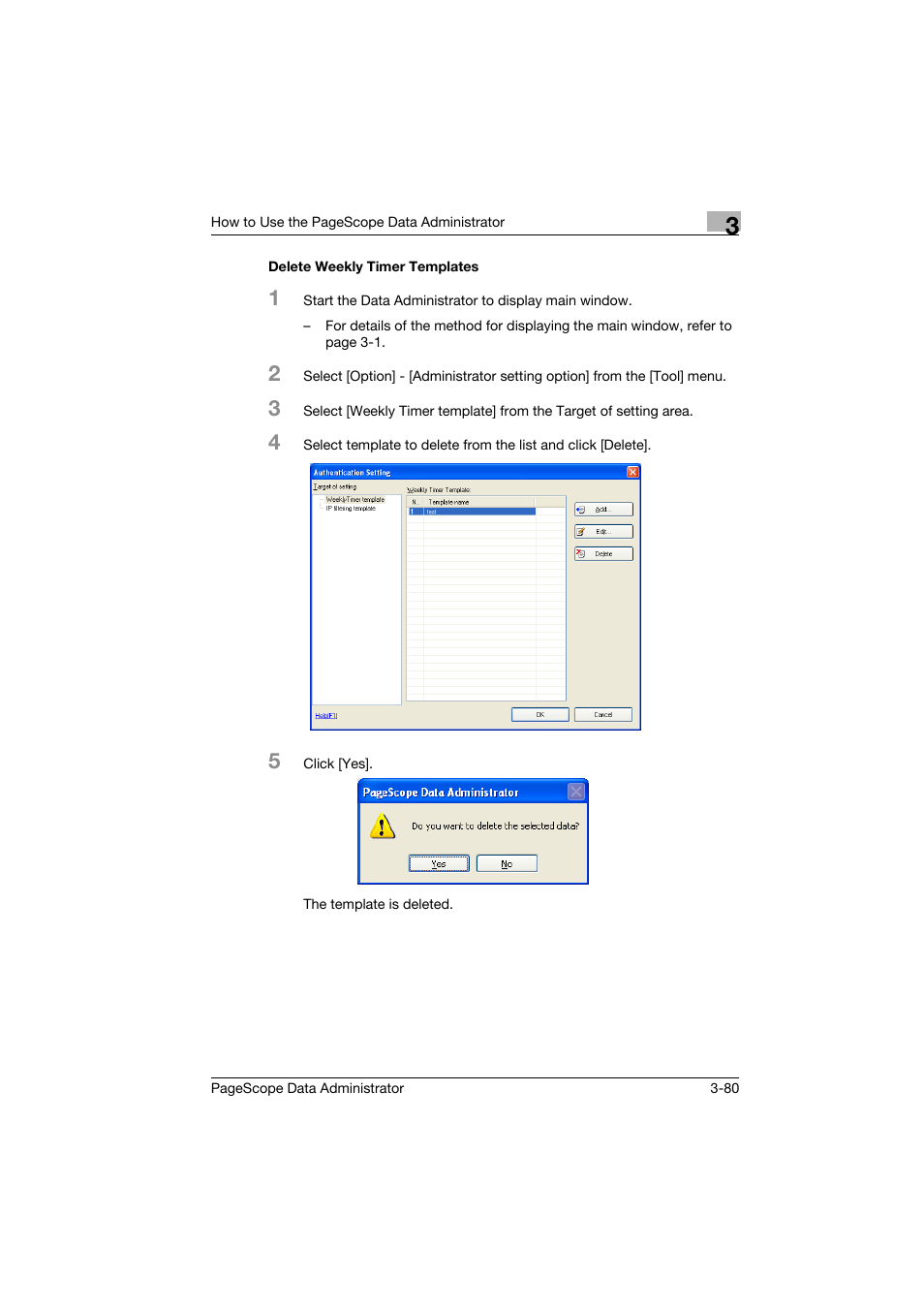 Delete weekly timer templates, Delete weekly timer templates -80 | Konica Minolta PageScope Data Administrator User Manual | Page 89 / 113