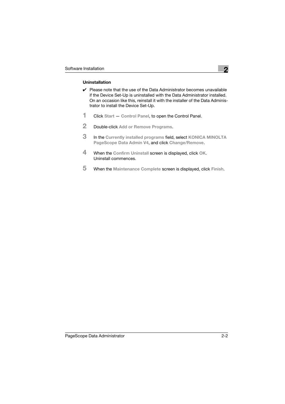 Uninstallation, Uninstallation -2 | Konica Minolta PageScope Data Administrator User Manual | Page 9 / 113