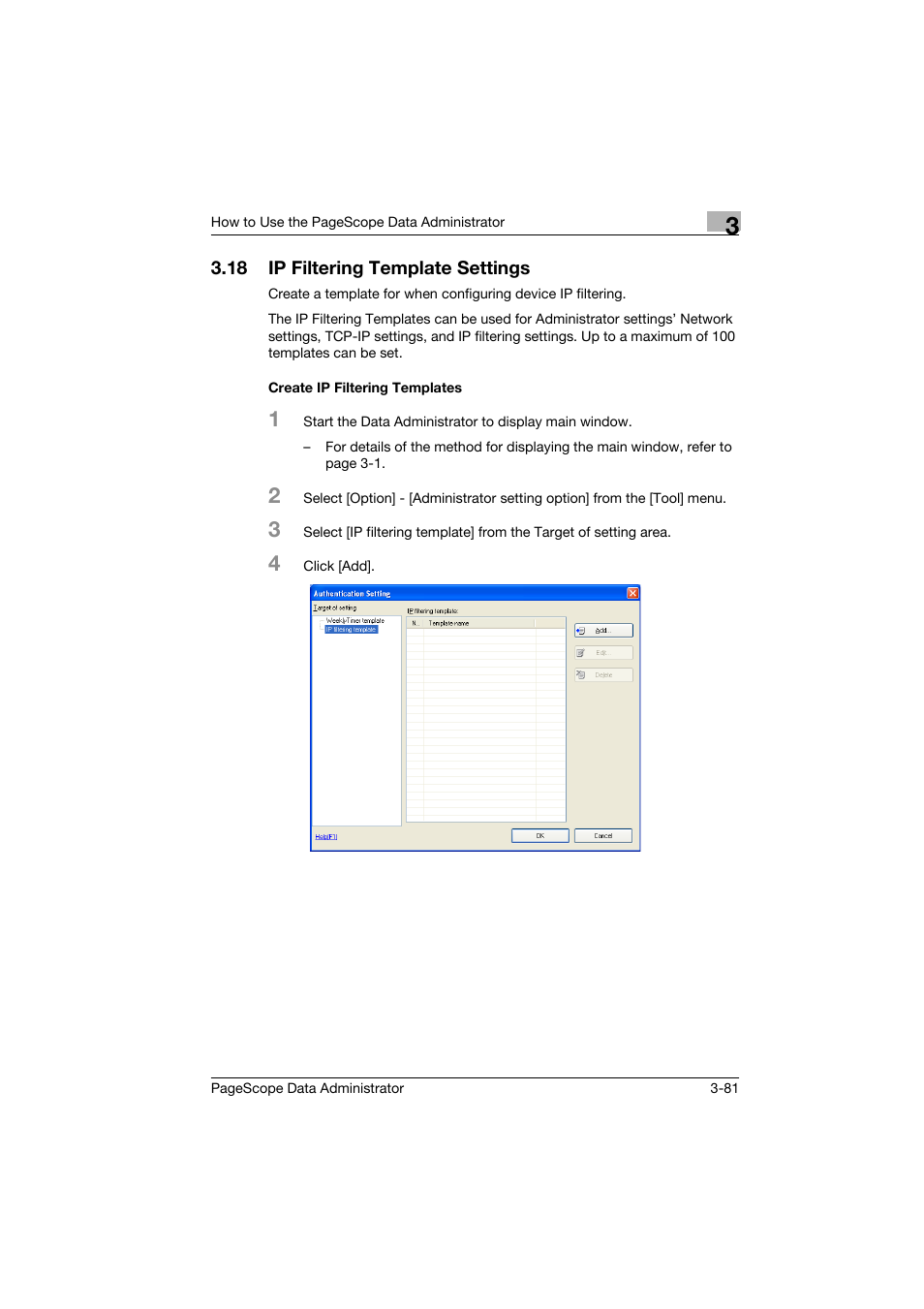 18 ip filtering template settings, Create ip filtering templates, Ip filtering template settings -81 | Create ip filtering templates -81 | Konica Minolta PageScope Data Administrator User Manual | Page 90 / 113