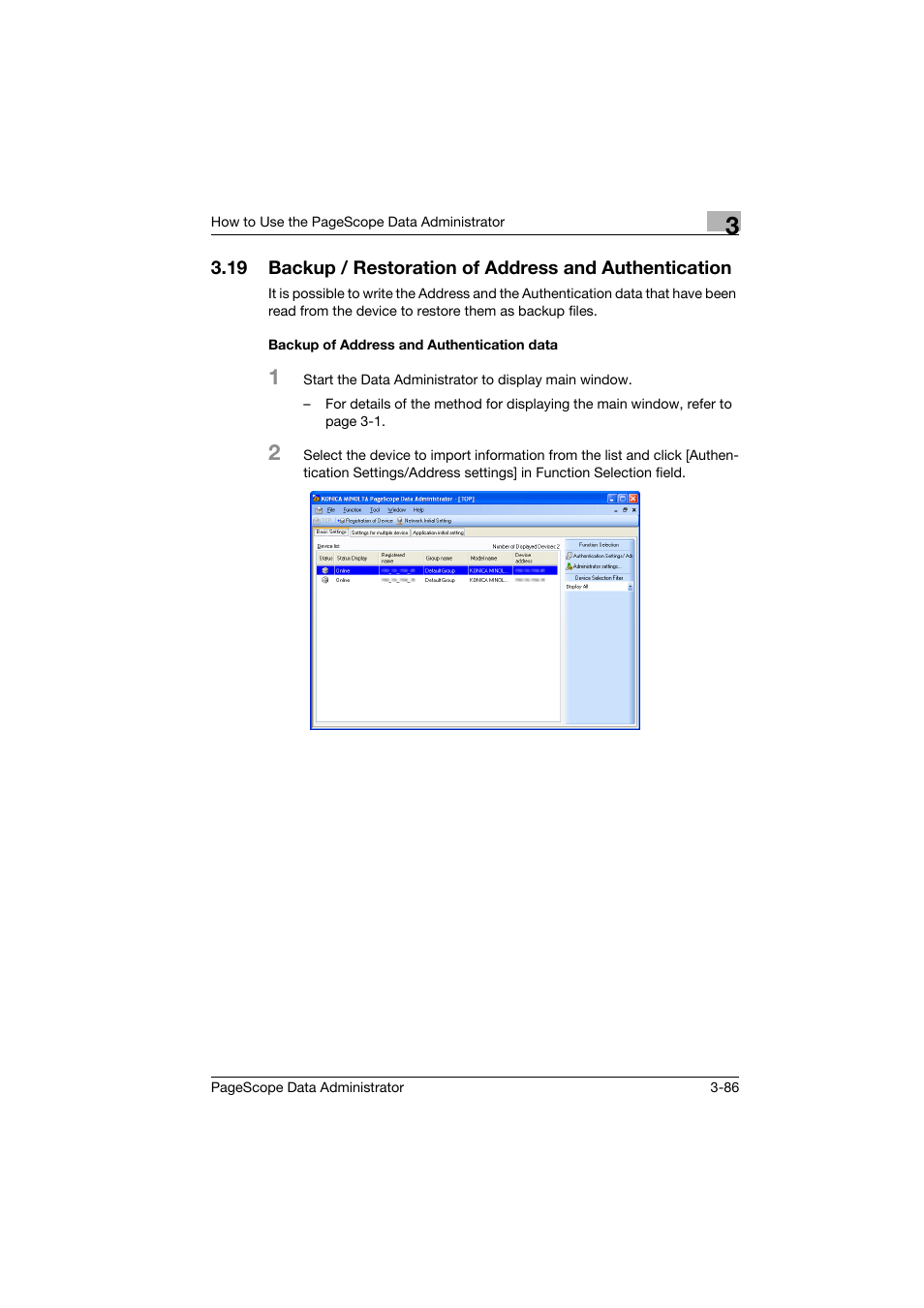 Backup of address and authentication data, Backup of address and authentication data -86 | Konica Minolta PageScope Data Administrator User Manual | Page 95 / 113