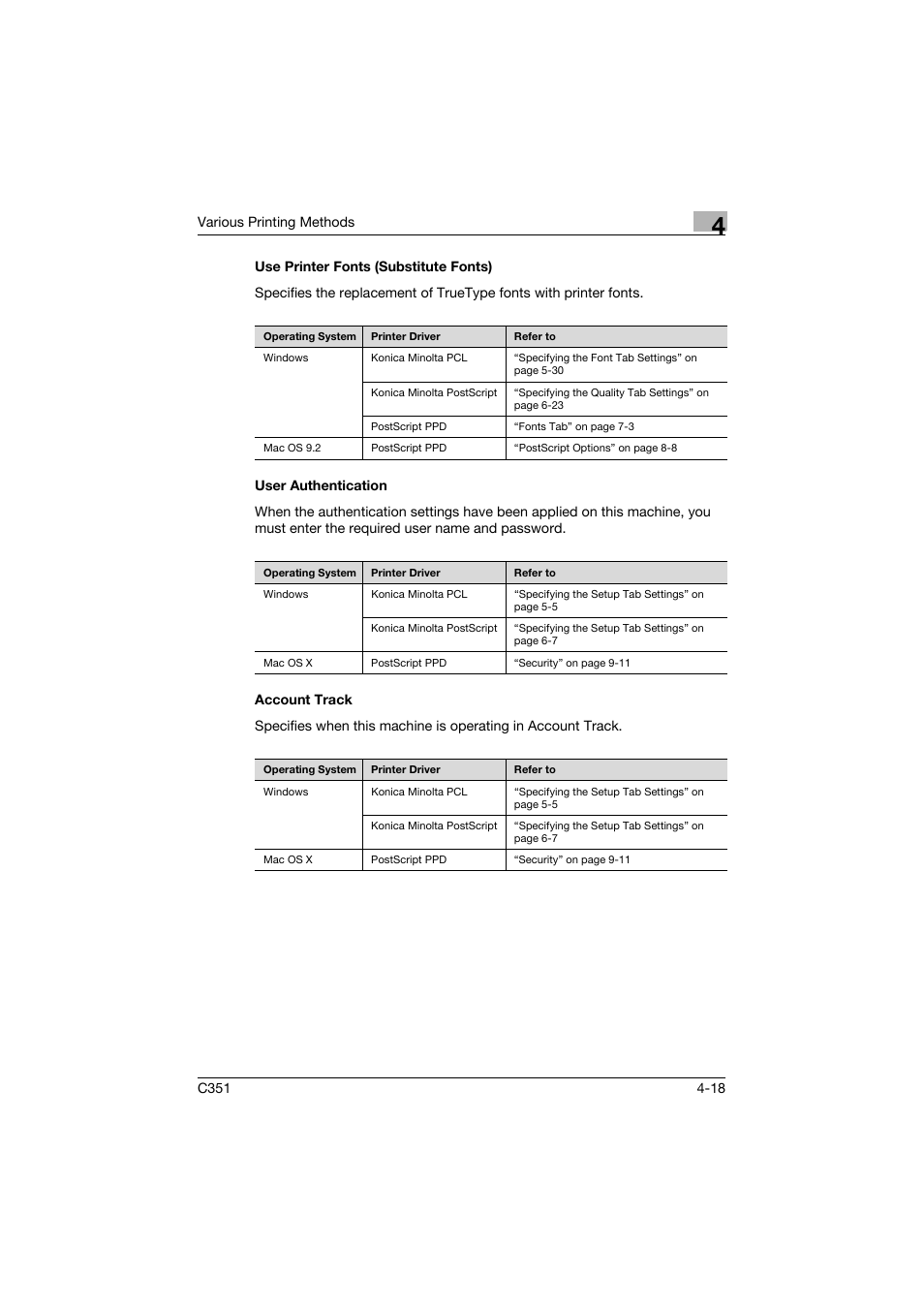 Use printer fonts (substitute fonts), User authentication, Account track | Use printer fonts (substitute fonts) -18, User authentication -18 account track -18 | Konica Minolta BIZHUB C351 User Manual | Page 107 / 380