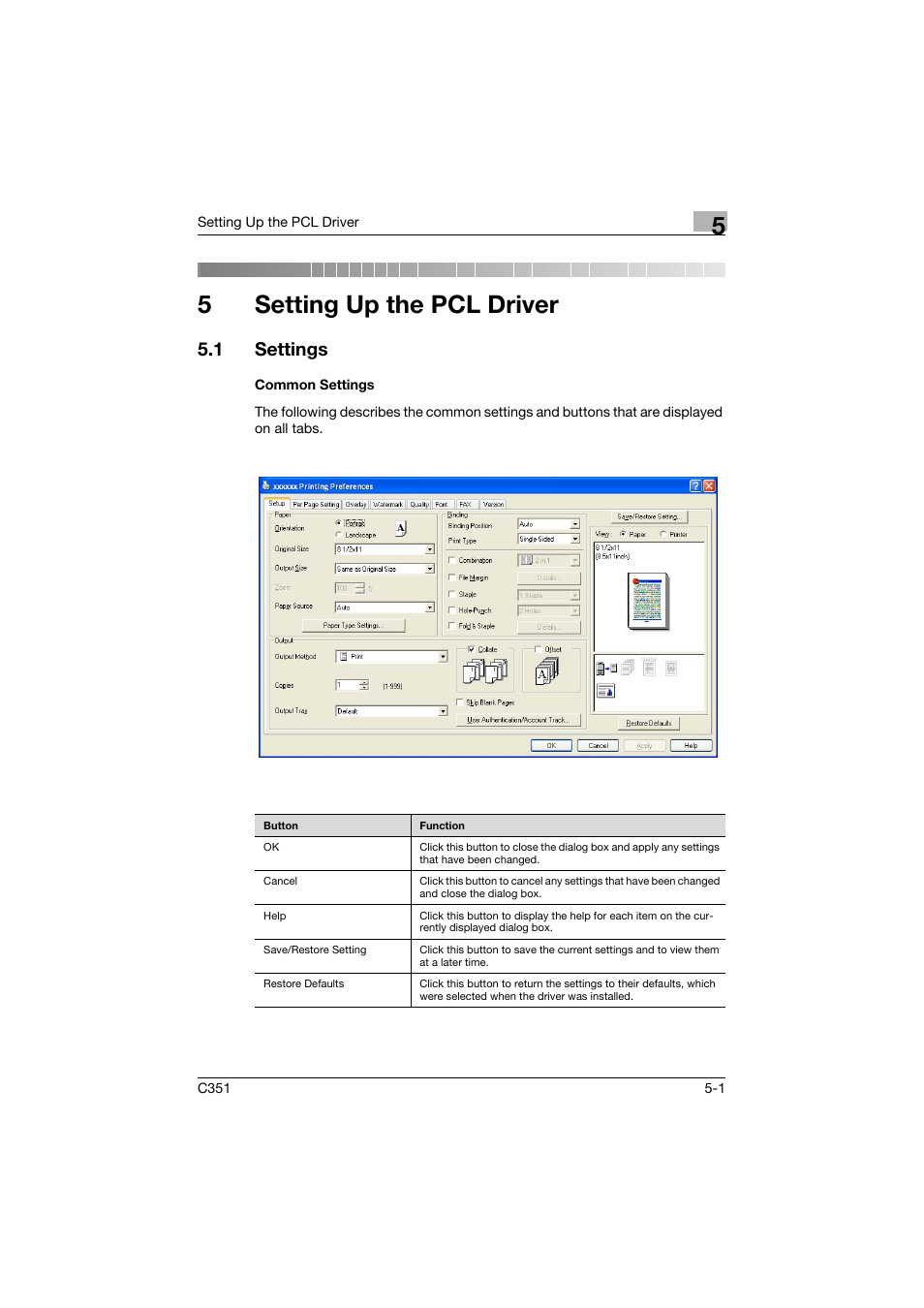 5 setting up the pcl driver, 1 settings, Common settings | Setting up the pcl driver, Settings -1, Common settings -1, 5setting up the pcl driver | Konica Minolta BIZHUB C351 User Manual | Page 114 / 380