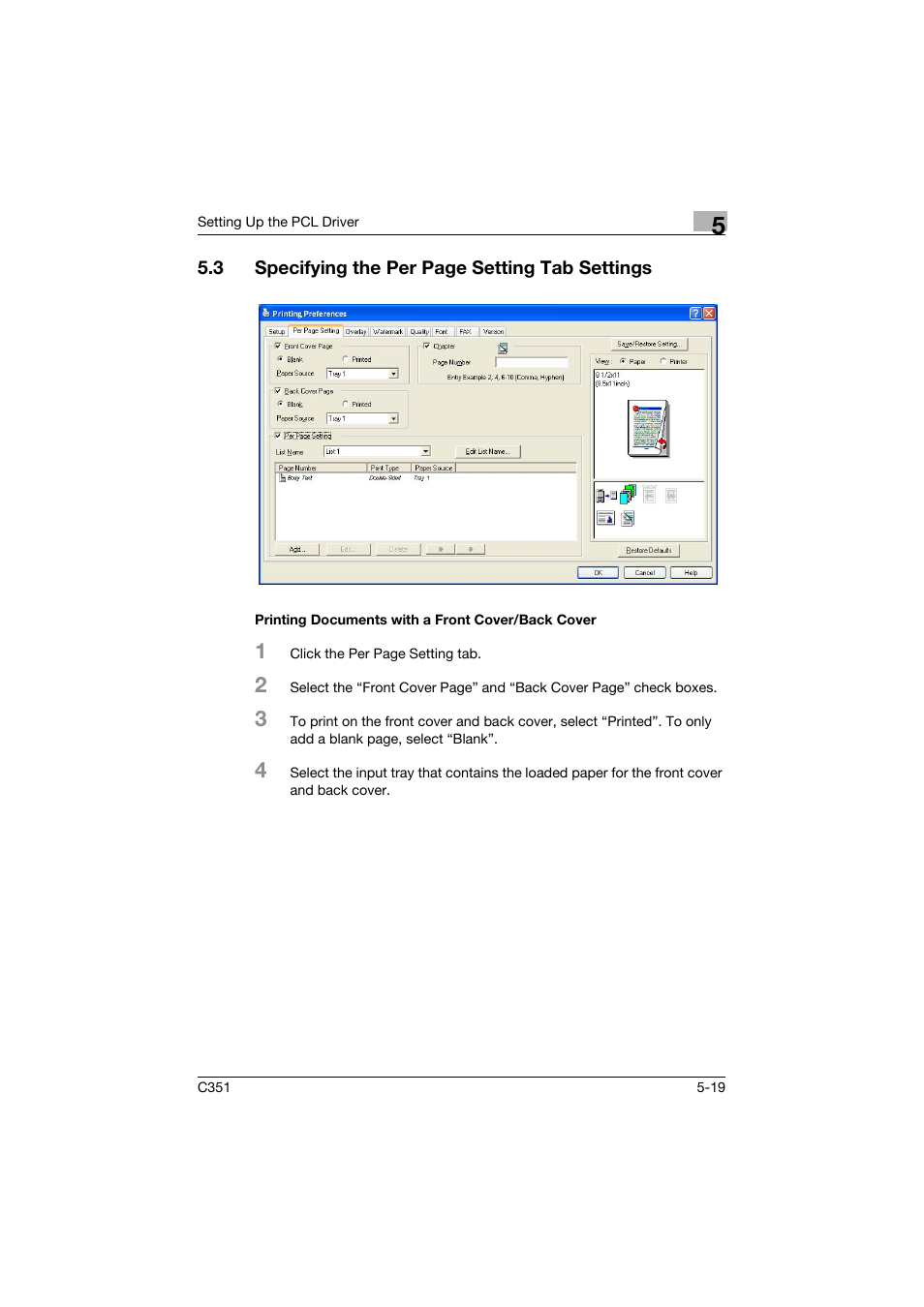 Printing documents with a front cover/back cover | Konica Minolta BIZHUB C351 User Manual | Page 132 / 380