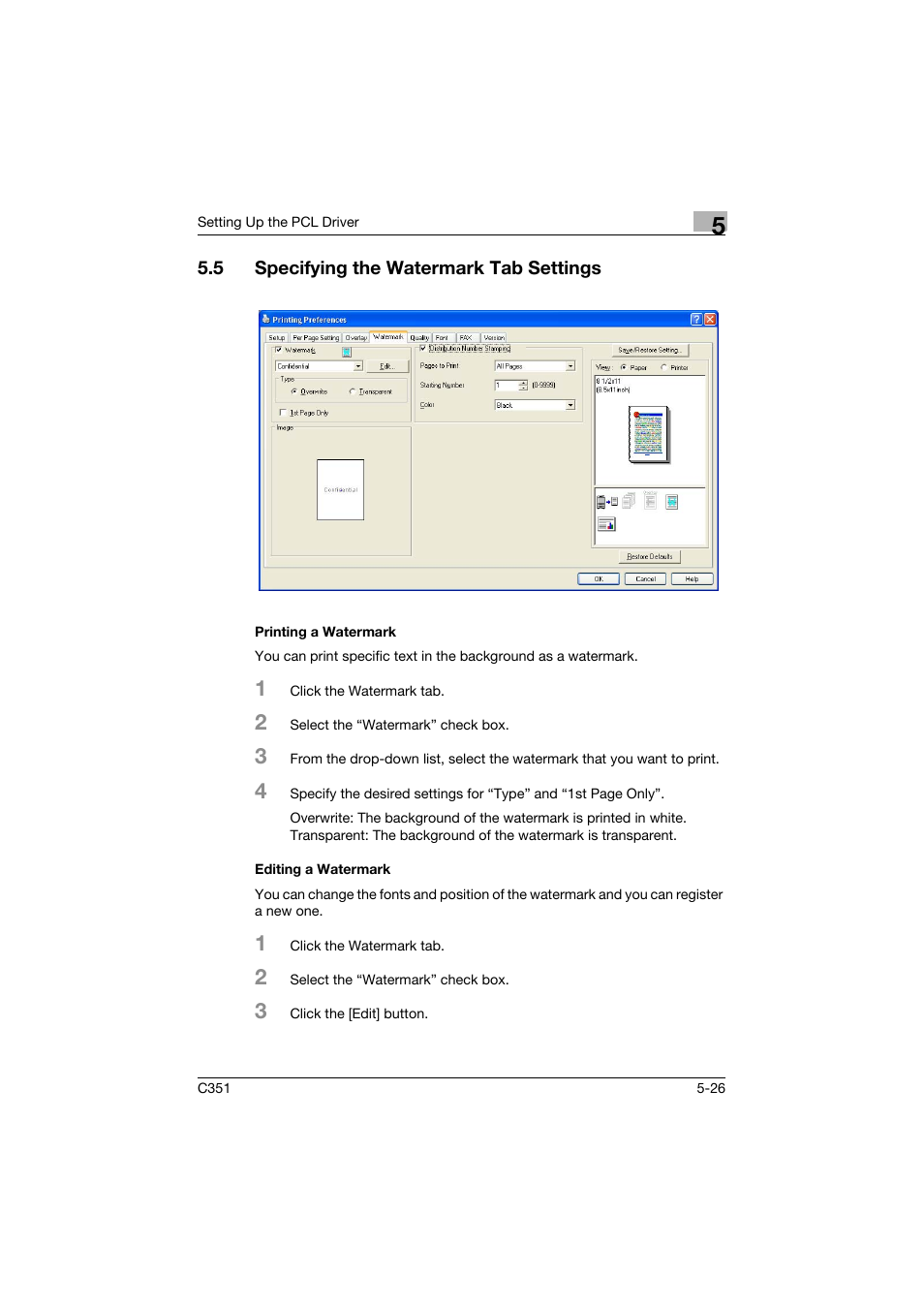 5 specifying the watermark tab settings, Printing a watermark, Editing a watermark | Specifying the watermark tab settings -26, Printing a watermark -26 editing a watermark -26 | Konica Minolta BIZHUB C351 User Manual | Page 139 / 380