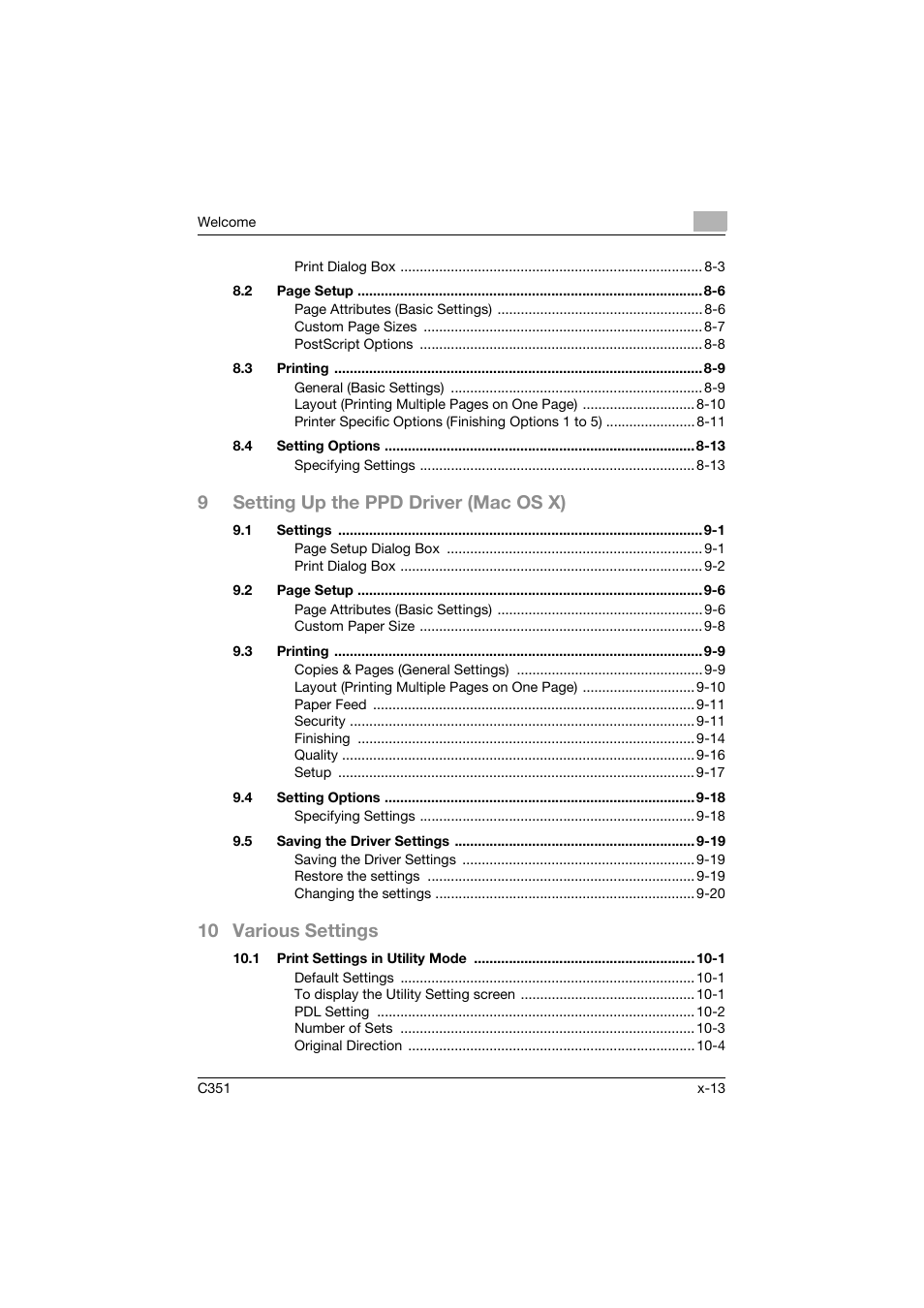 9setting up the ppd driver (mac os x), 10 various settings | Konica Minolta BIZHUB C351 User Manual | Page 14 / 380