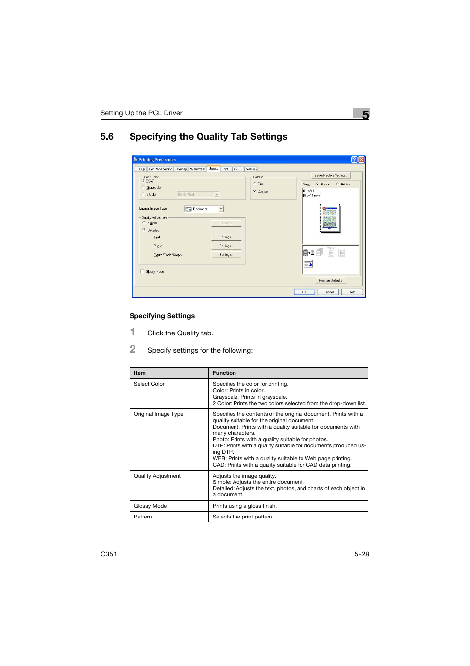 6 specifying the quality tab settings, Specifying settings, Specifying the quality tab settings -28 | Specifying settings -28 | Konica Minolta BIZHUB C351 User Manual | Page 141 / 380