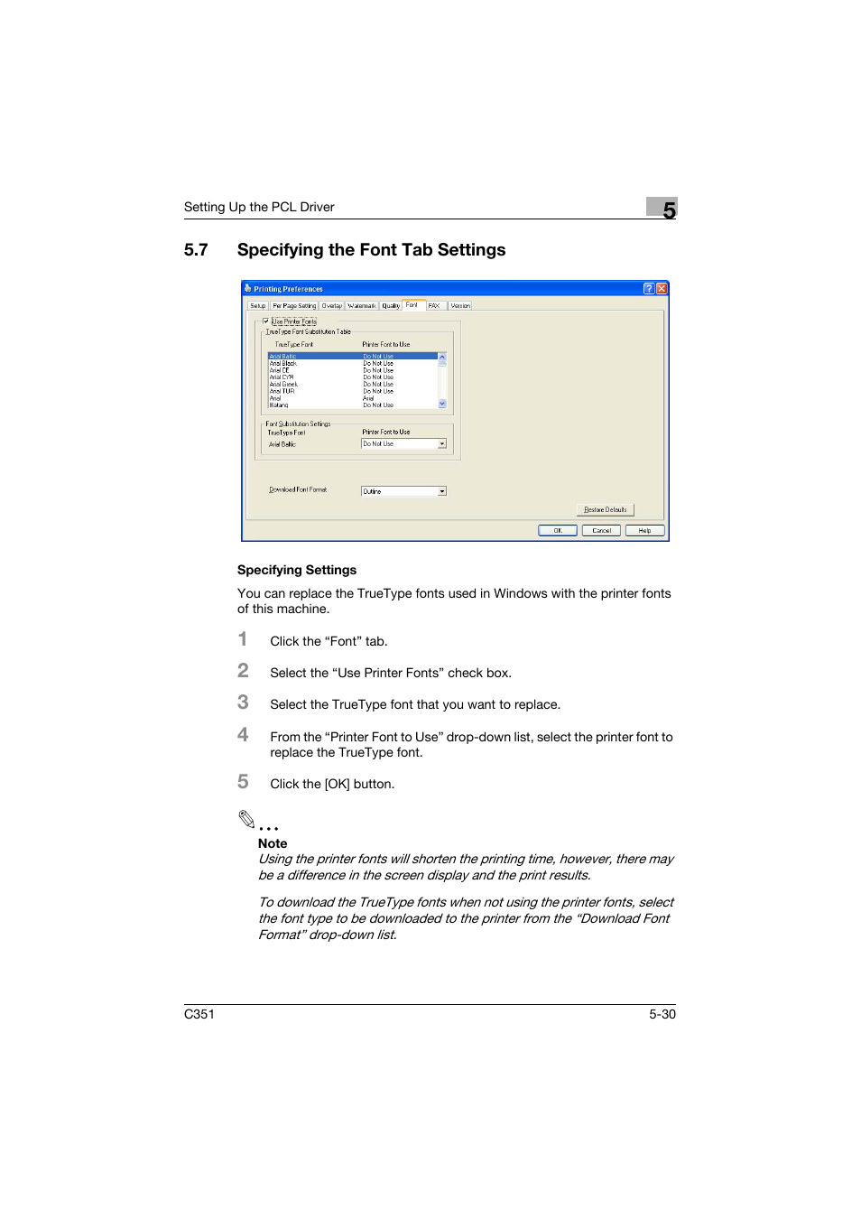 7 specifying the font tab settings, Specifying settings, Specifying the font tab settings -30 | Specifying settings -30 | Konica Minolta BIZHUB C351 User Manual | Page 143 / 380