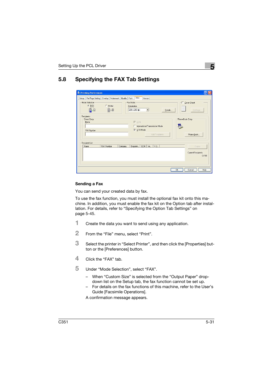 8 specifying the fax tab settings, Sending a fax, Specifying the fax tab settings -31 | Sending a fax -31 | Konica Minolta BIZHUB C351 User Manual | Page 144 / 380