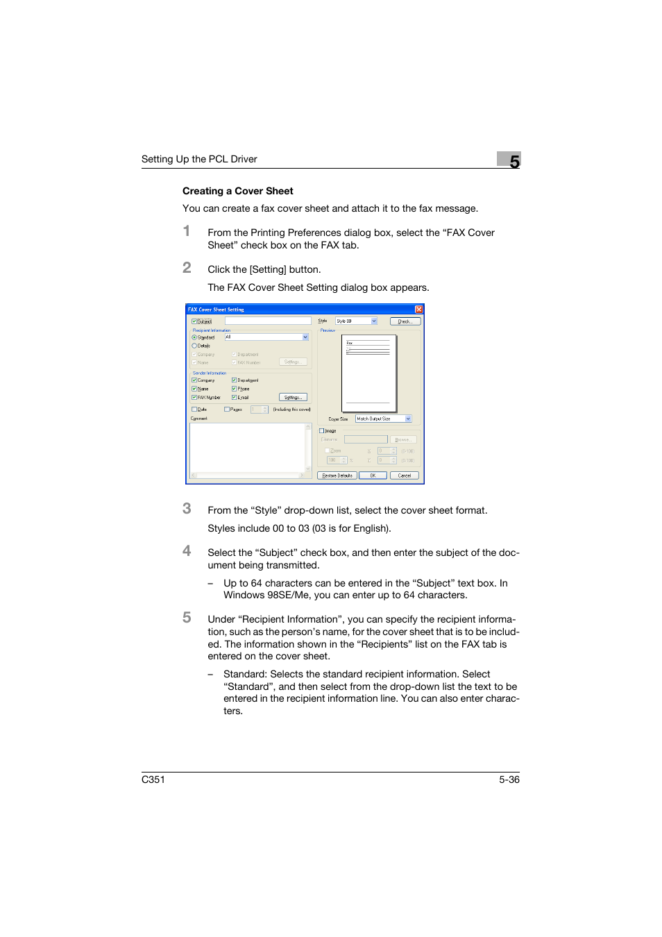 Creating a cover sheet, Creating a cover sheet -36 | Konica Minolta BIZHUB C351 User Manual | Page 149 / 380