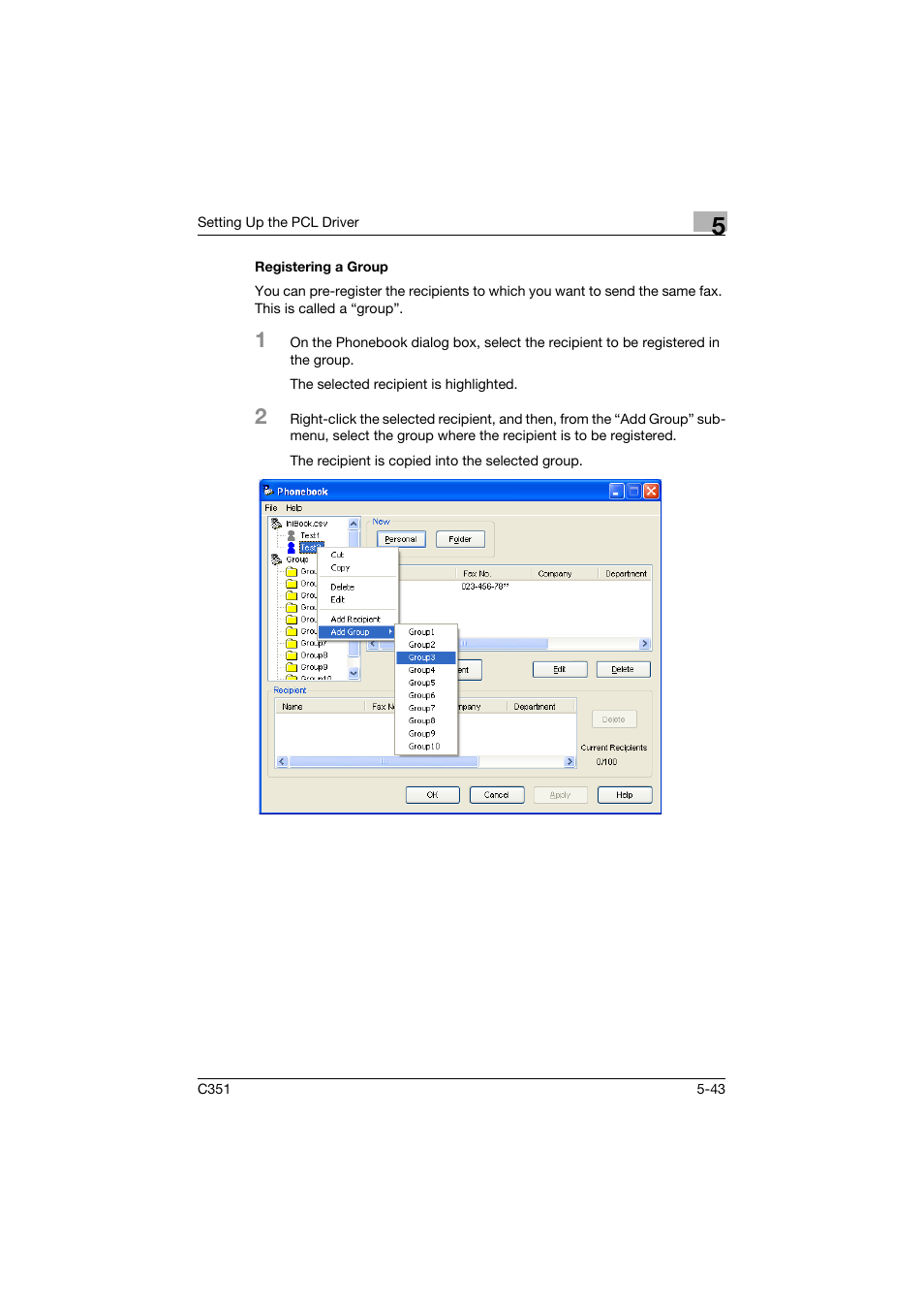 Registering a group, Registering a group -43 | Konica Minolta BIZHUB C351 User Manual | Page 156 / 380