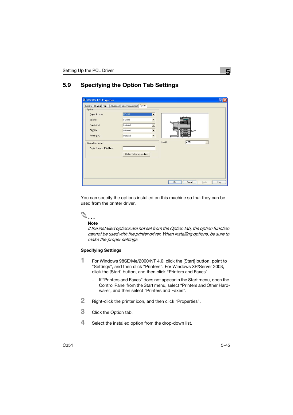 9 specifying the option tab settings, Specifying settings, Specifying the option tab settings -45 | Specifying settings -45 | Konica Minolta BIZHUB C351 User Manual | Page 158 / 380