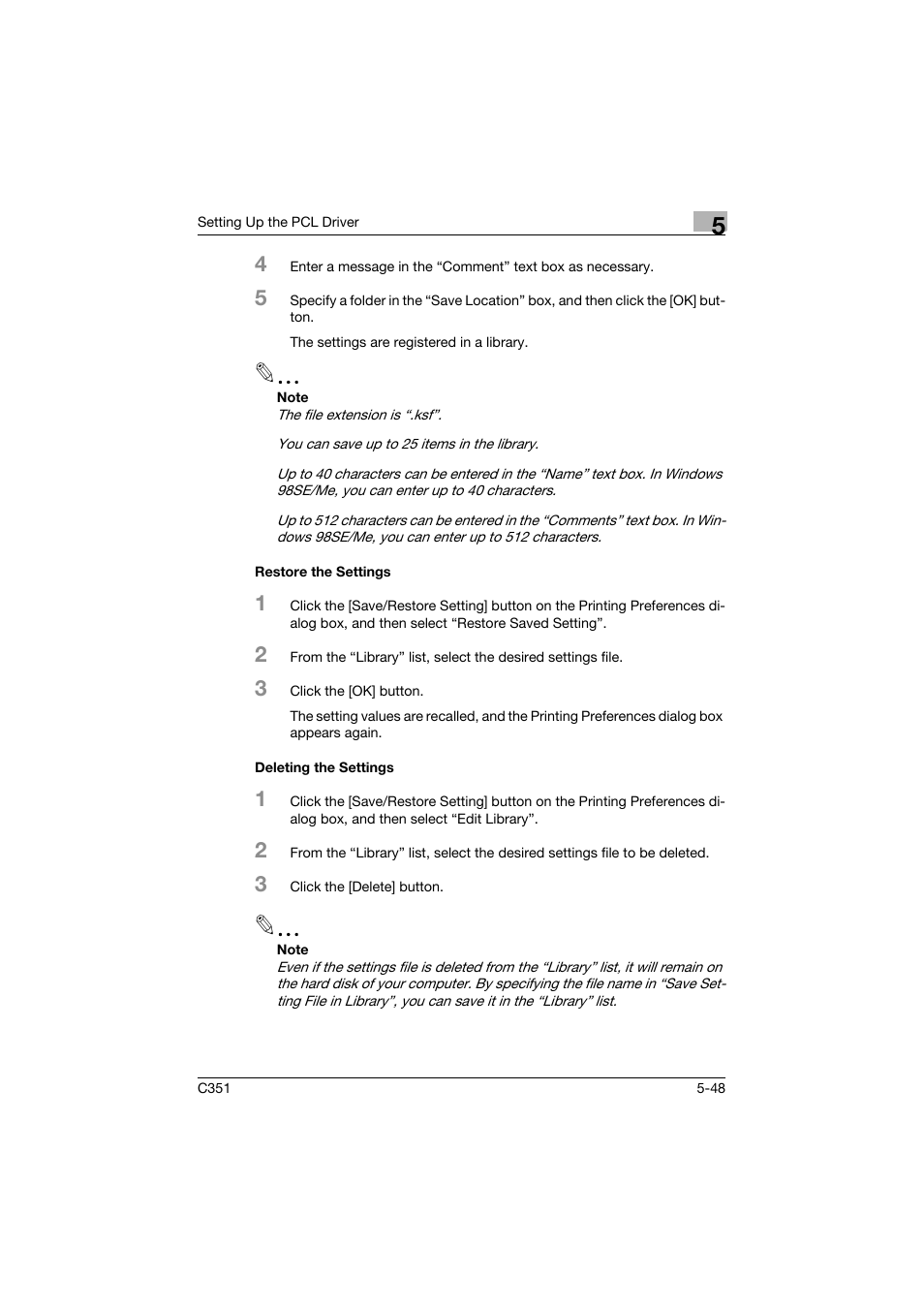 Restore the settings, Deleting the settings, Restore the settings -48 deleting the settings -48 | Konica Minolta BIZHUB C351 User Manual | Page 161 / 380