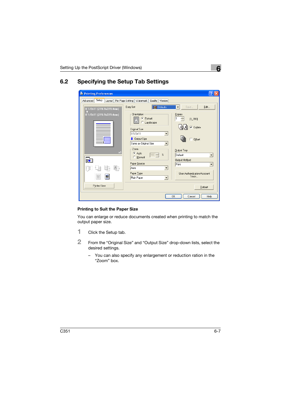 2 specifying the setup tab settings, Printing to suit the paper size, Specifying the setup tab settings -7 | Printing to suit the paper size -7 | Konica Minolta BIZHUB C351 User Manual | Page 168 / 380