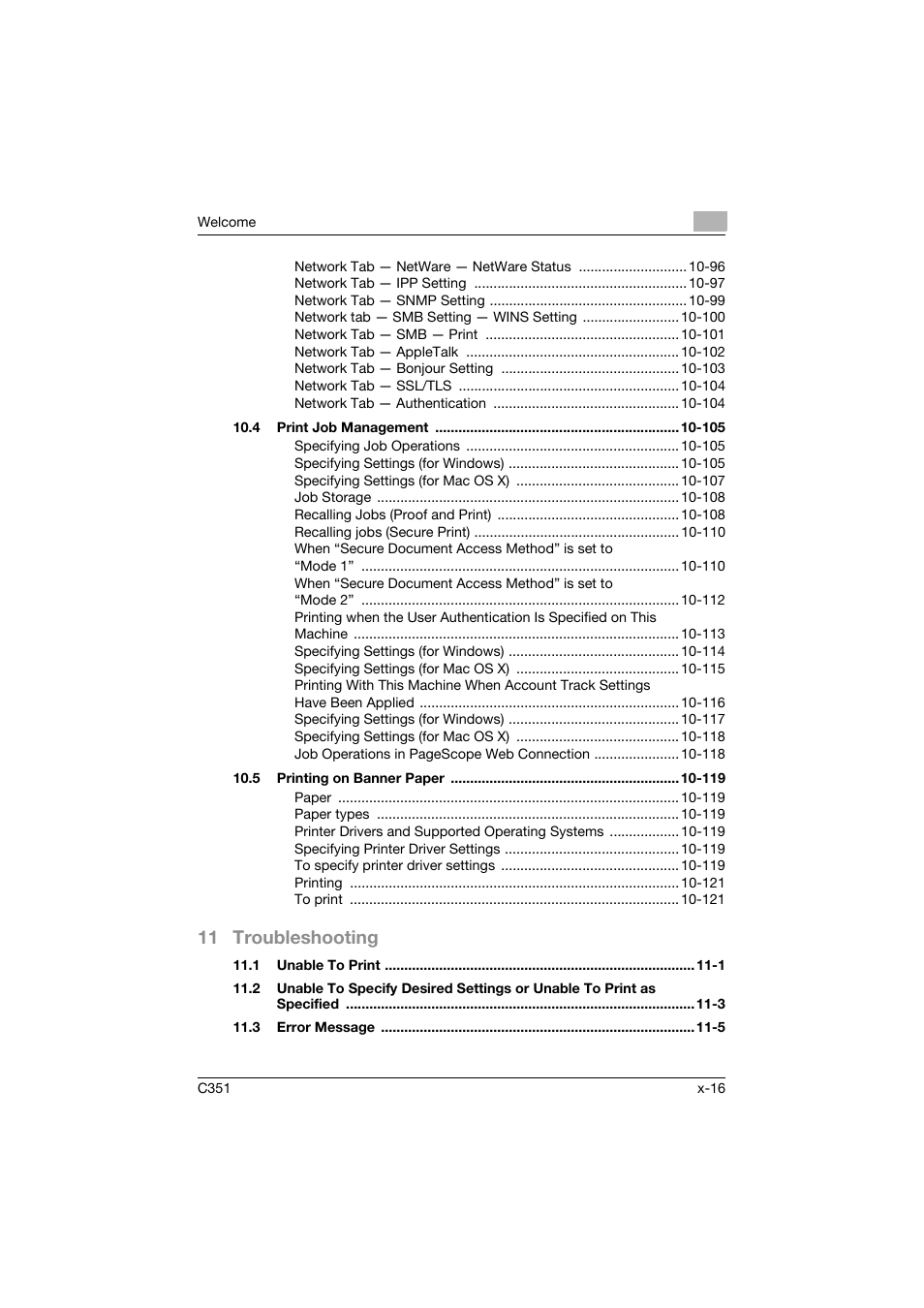 11 troubleshooting | Konica Minolta BIZHUB C351 User Manual | Page 17 / 380