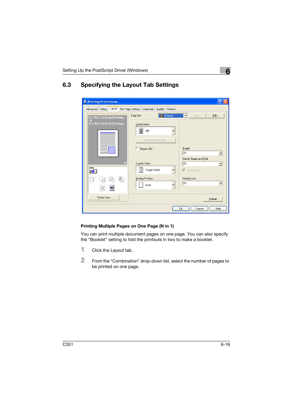 3 specifying the layout tab settings, Specifying the layout tab settings -16 | Konica Minolta BIZHUB C351 User Manual | Page 177 / 380