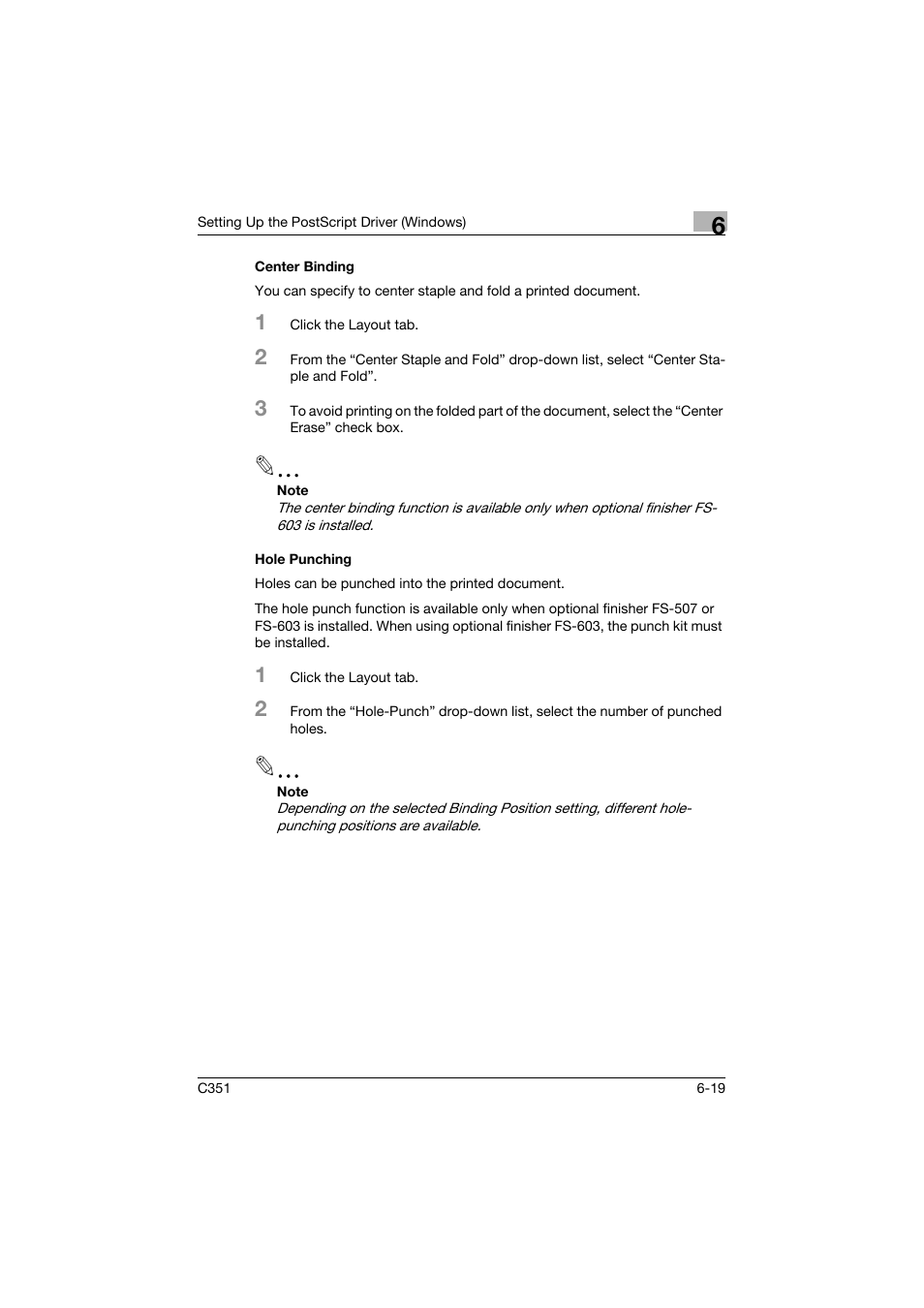 Center binding, Hole punching, Center binding -19 hole punching -19 | Konica Minolta BIZHUB C351 User Manual | Page 180 / 380