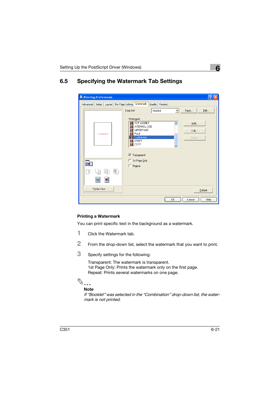 5 specifying the watermark tab settings, Printing a watermark, Specifying the watermark tab settings -21 | Printing a watermark -21 | Konica Minolta BIZHUB C351 User Manual | Page 182 / 380