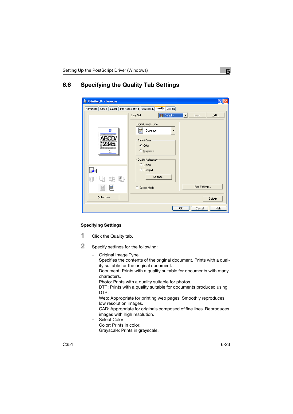 6 specifying the quality tab settings, Specifying settings, Specifying the quality tab settings -23 | Specifying settings -23 | Konica Minolta BIZHUB C351 User Manual | Page 184 / 380