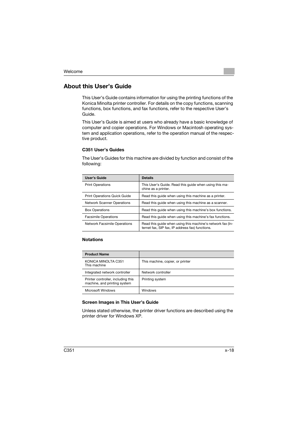 About this user’s guide, C351 user’s guides, Notations | Screen images in this user’s guide | Konica Minolta BIZHUB C351 User Manual | Page 19 / 380