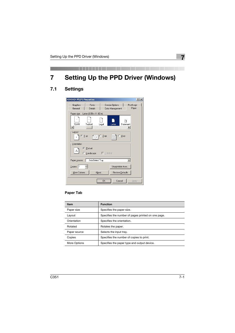 7 setting up the ppd driver (windows), 1 settings, Paper tab | Setting up the ppd driver (windows), Settings -1, Paper tab -1, 7setting up the ppd driver (windows) | Konica Minolta BIZHUB C351 User Manual | Page 192 / 380
