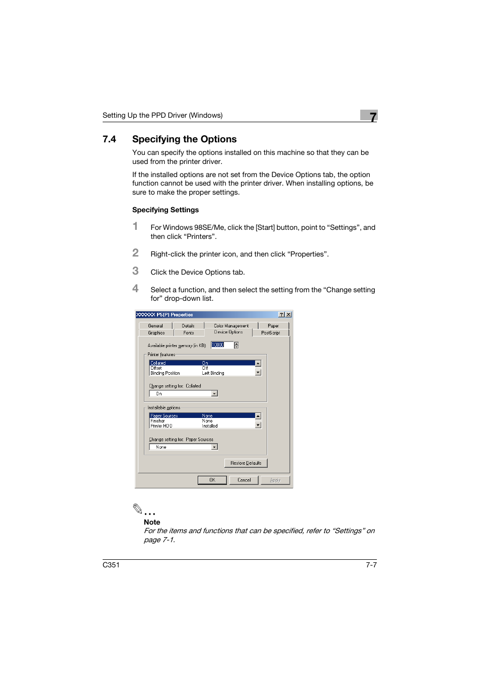 4 specifying the options, Specifying settings, Specifying the options -7 | Specifying settings -7 | Konica Minolta BIZHUB C351 User Manual | Page 198 / 380