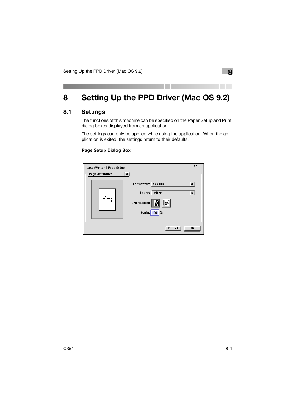 8 setting up the ppd driver (mac os 9.2), 1 settings, Setting up the ppd driver (mac os 9.2) | Settings -1, 8setting up the ppd driver (mac os 9.2) | Konica Minolta BIZHUB C351 User Manual | Page 200 / 380