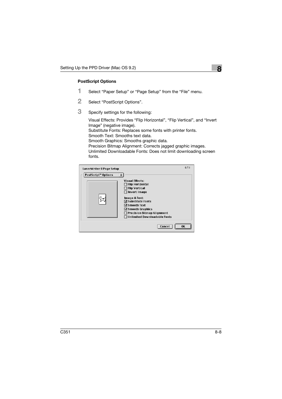 Postscript options, Postscript options -8 | Konica Minolta BIZHUB C351 User Manual | Page 207 / 380