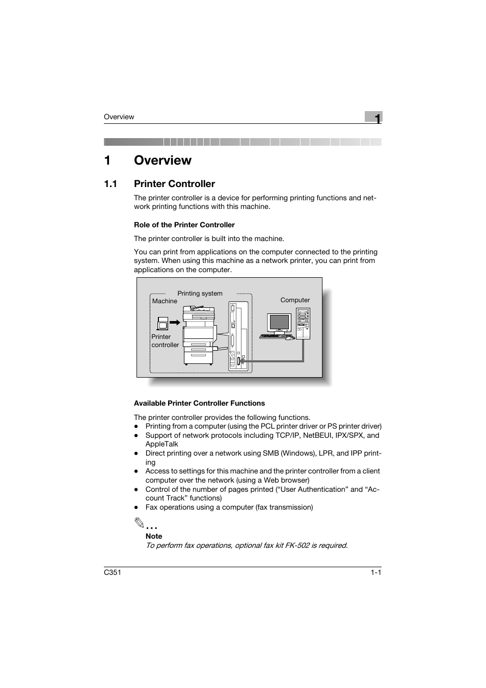 1 overview, 1 printer controller, Role of the printer controller | Available printer controller functions, Overview, Printer controller -1, 1overview | Konica Minolta BIZHUB C351 User Manual | Page 22 / 380