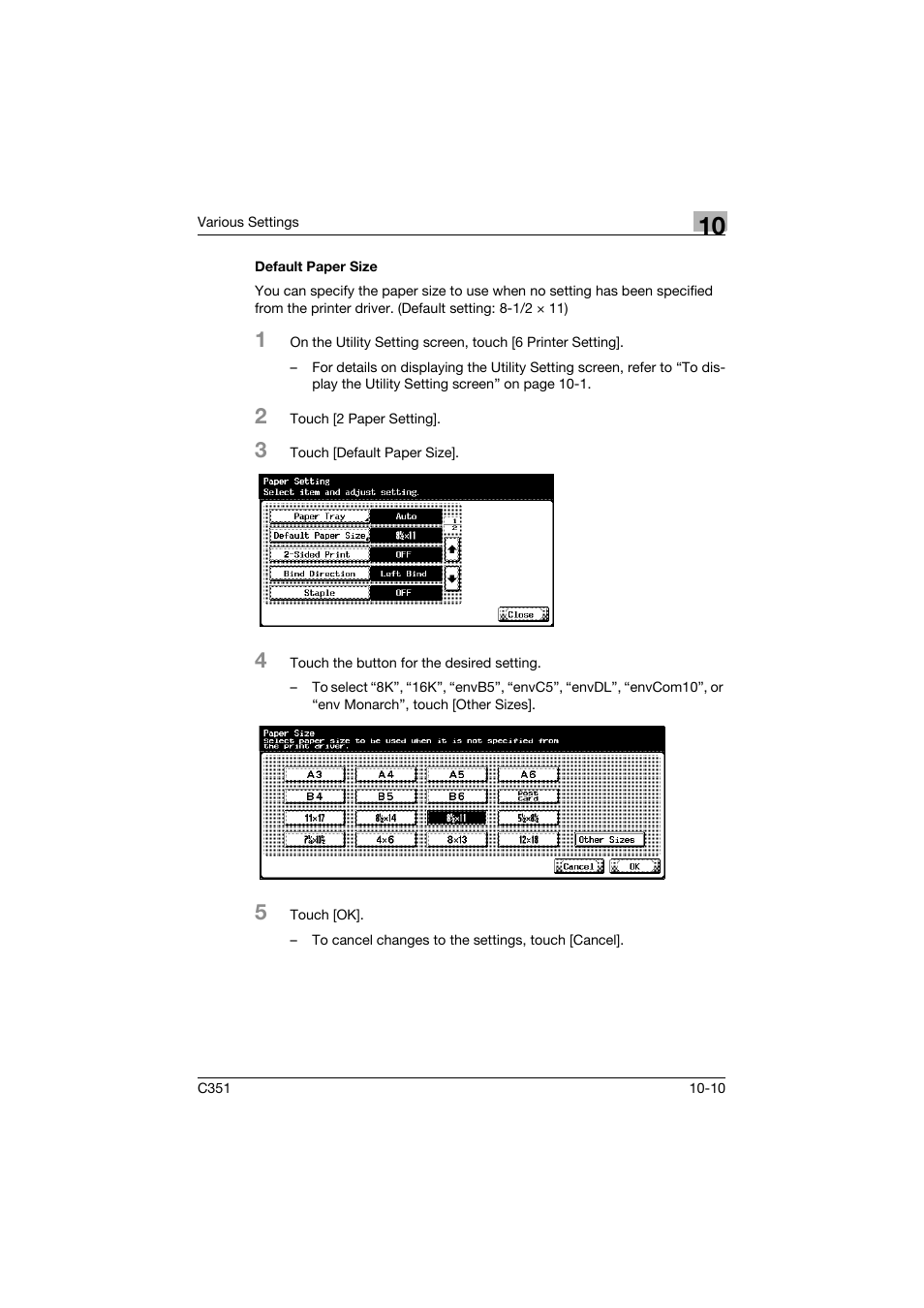 Default paper size, Default paper size -10 | Konica Minolta BIZHUB C351 User Manual | Page 243 / 380