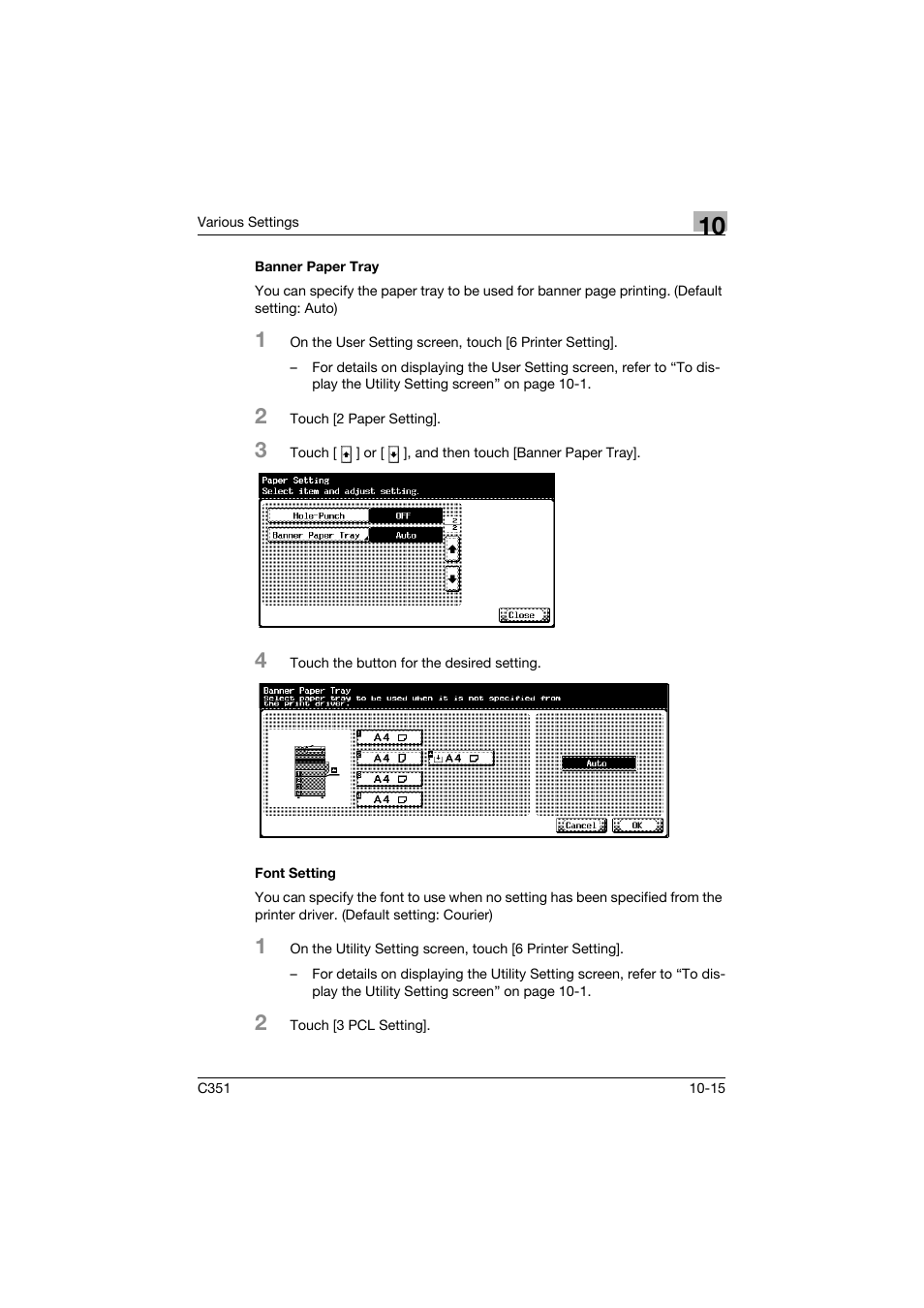 Banner paper tray, Font setting, Banner paper tray -15 font setting -15 | Konica Minolta BIZHUB C351 User Manual | Page 248 / 380