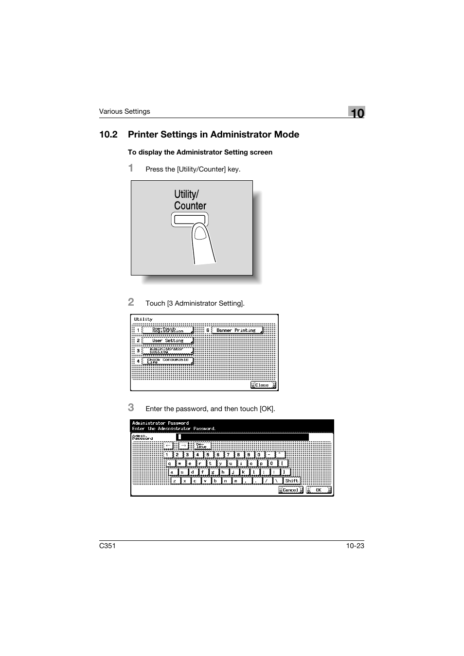 2 printer settings in administrator mode, To display the administrator setting screen, Printer settings in administrator mode -23 | To display the administrator setting screen -23, Utility/ counter | Konica Minolta BIZHUB C351 User Manual | Page 256 / 380