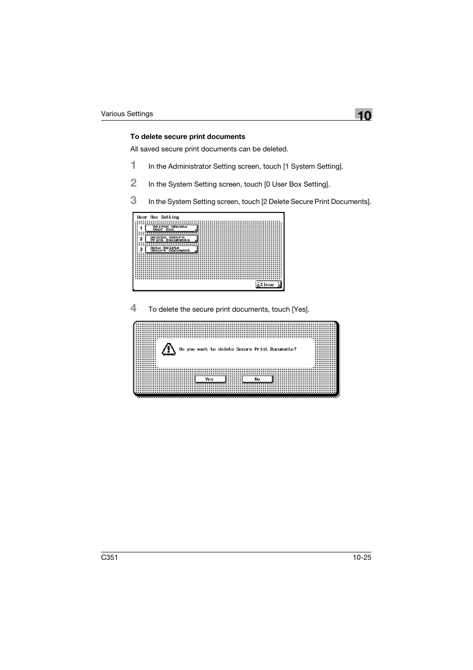 To delete secure print documents, To delete secure print documents -25 | Konica Minolta BIZHUB C351 User Manual | Page 258 / 380