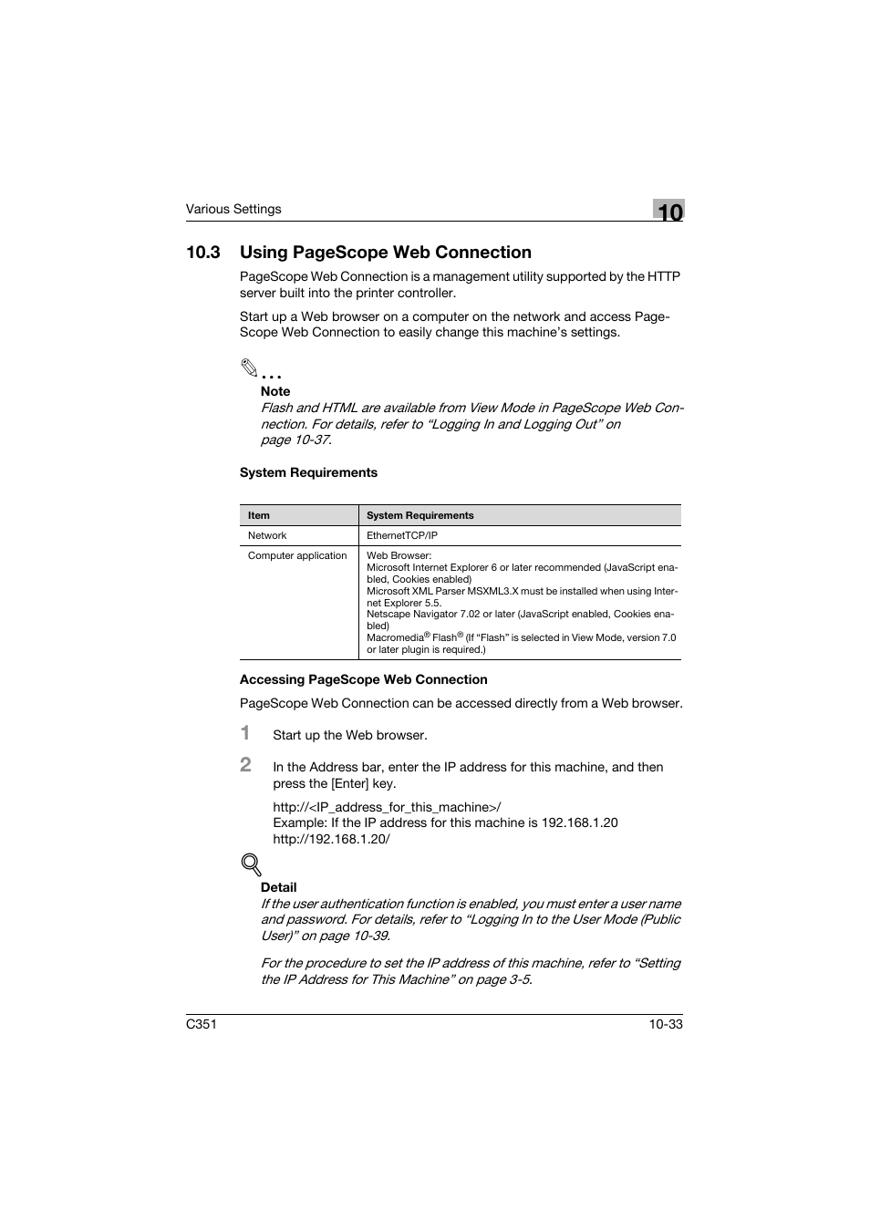 System requirements, 3 using pagescope web connection | Konica Minolta BIZHUB C351 User Manual | Page 266 / 380