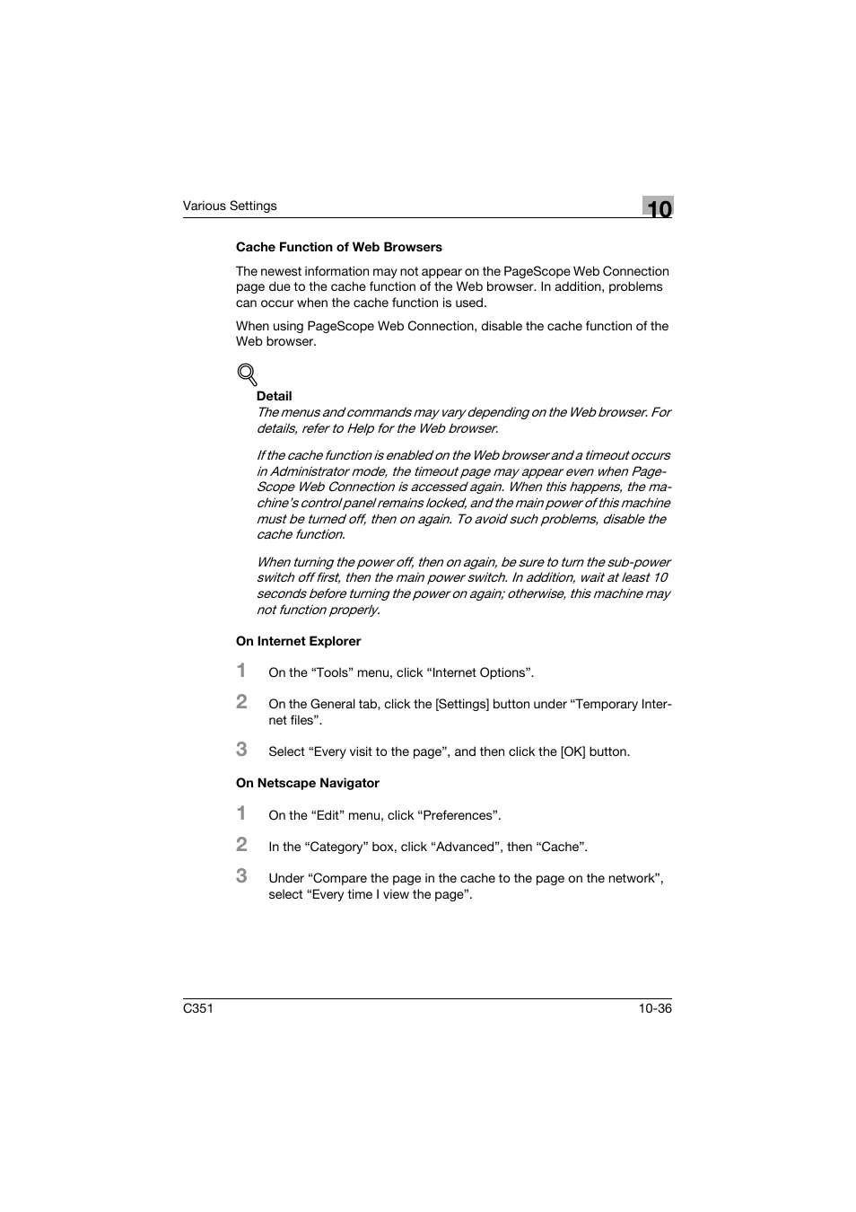 Cache function of web browsers, On internet explorer, On netscape navigator | Konica Minolta BIZHUB C351 User Manual | Page 269 / 380