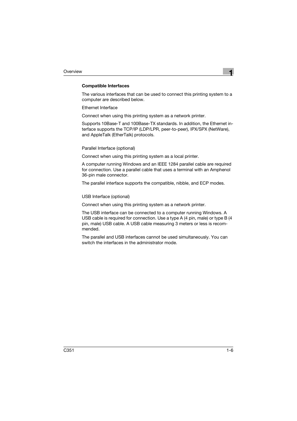 Compatible interfaces, Compatible interfaces -6 | Konica Minolta BIZHUB C351 User Manual | Page 27 / 380