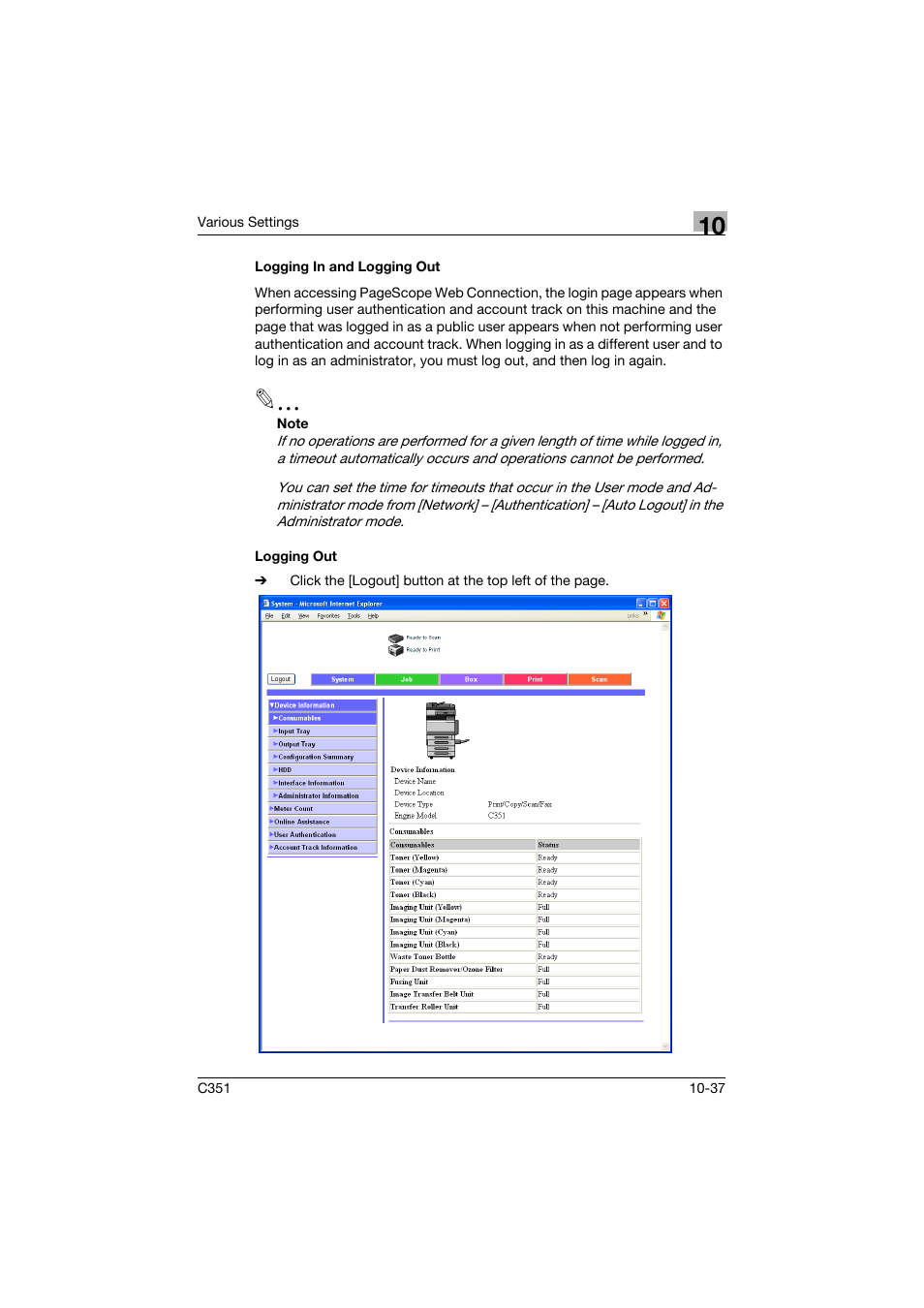 Logging in and logging out, Logging out, Logging in and logging out -37 logging out -37 | Konica Minolta BIZHUB C351 User Manual | Page 270 / 380