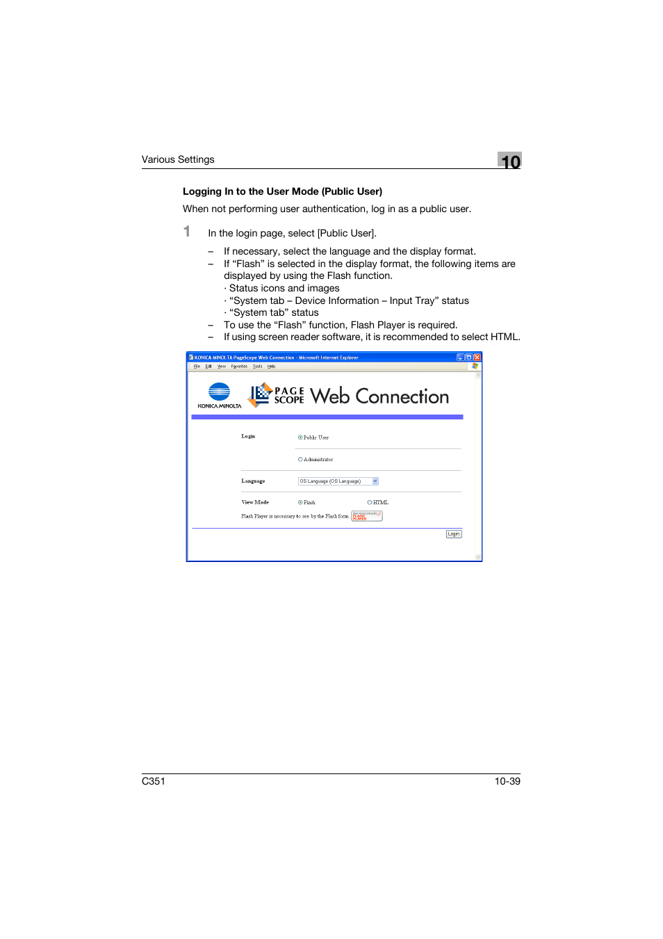 Logging in to the user mode (public user), Logging in to the user mode (public user) -39 | Konica Minolta BIZHUB C351 User Manual | Page 272 / 380