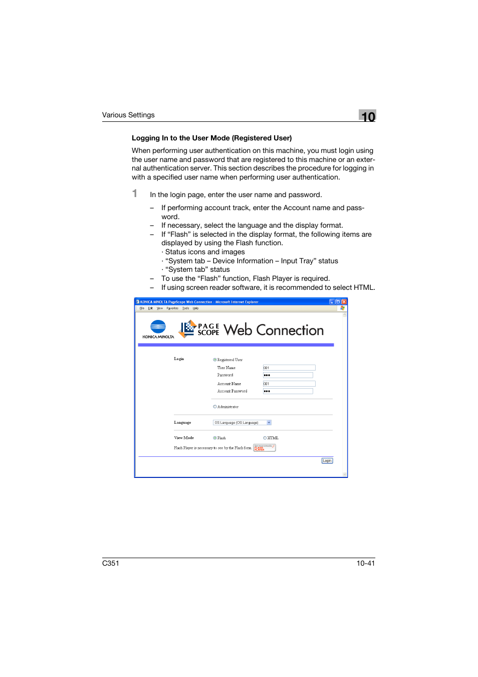 Logging in to the user mode (registered user), Logging in to the user mode (registered user) -41 | Konica Minolta BIZHUB C351 User Manual | Page 274 / 380