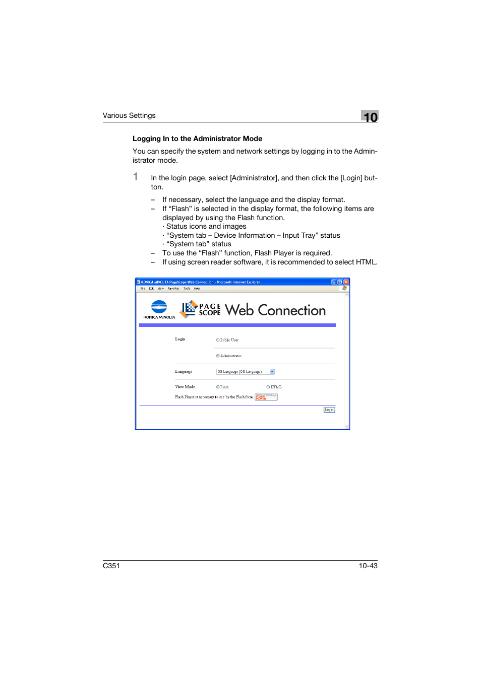 Logging in to the administrator mode, Logging in to the administrator mode -43 | Konica Minolta BIZHUB C351 User Manual | Page 276 / 380