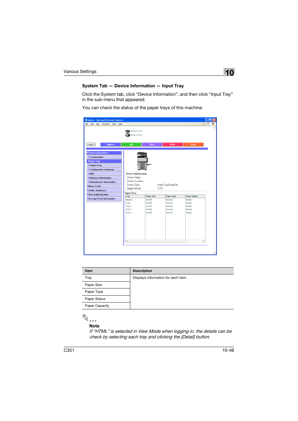 System tab - device information - input tray, System tab — device information — input tray -48 | Konica Minolta BIZHUB C351 User Manual | Page 281 / 380