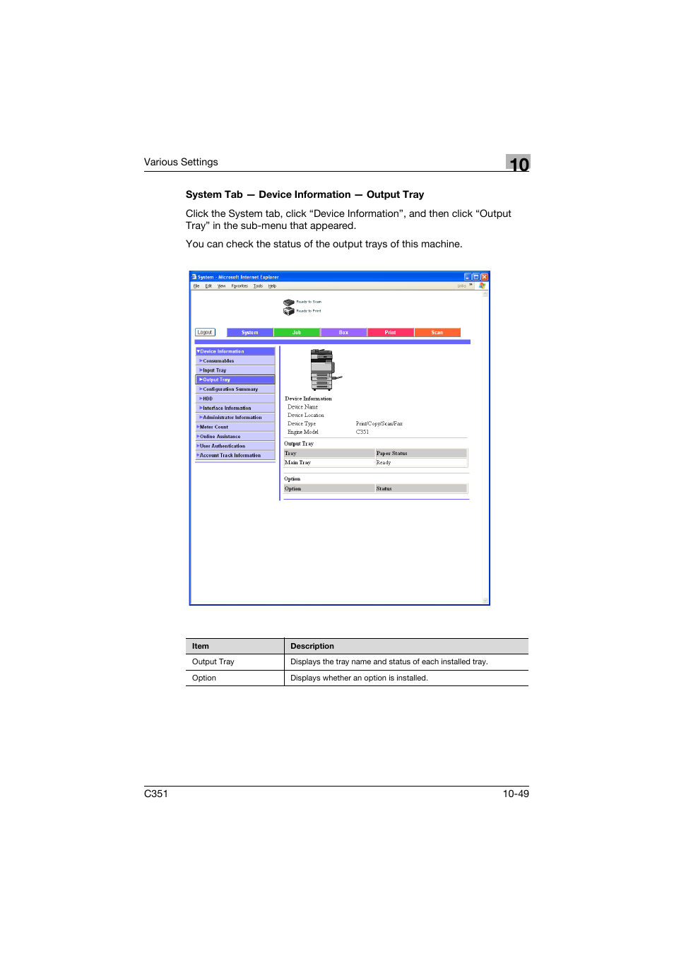 System tab - device information - output tray, System tab — device information — output tray -49 | Konica Minolta BIZHUB C351 User Manual | Page 282 / 380