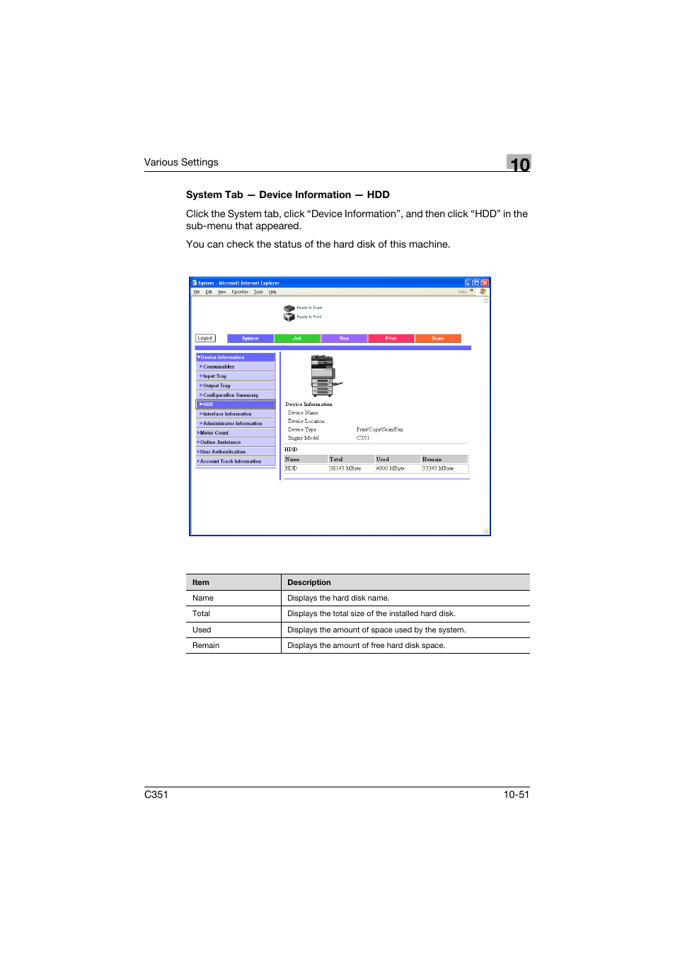 System tab - device information - hdd, System tab — device information — hdd -51 | Konica Minolta BIZHUB C351 User Manual | Page 284 / 380