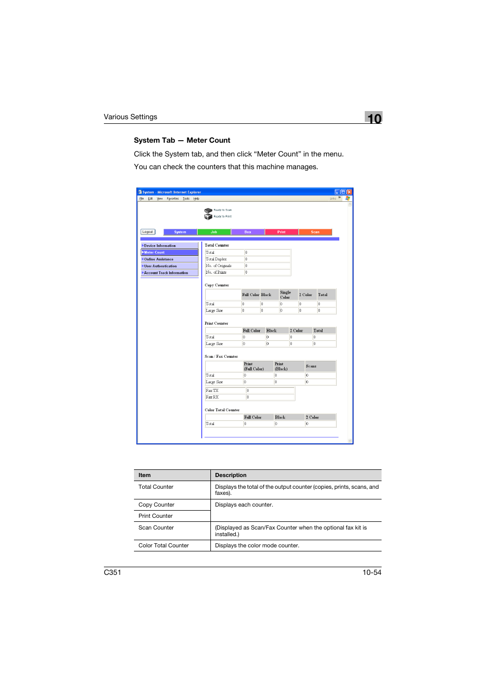 System tab - meter count, System tab — meter count -54 | Konica Minolta BIZHUB C351 User Manual | Page 287 / 380