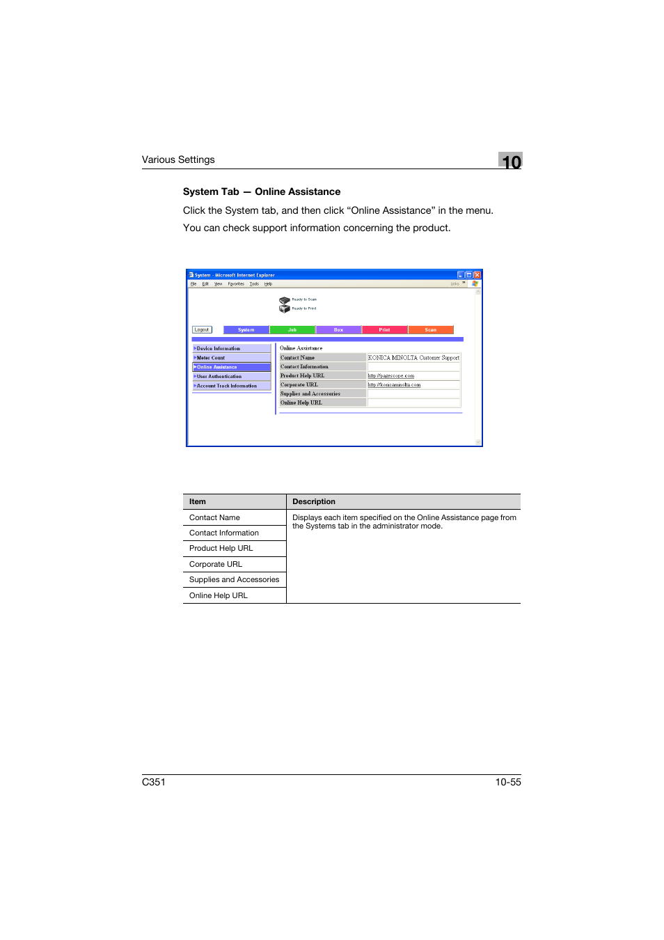 System tab - online assistance, System tab — online assistance -55 | Konica Minolta BIZHUB C351 User Manual | Page 288 / 380