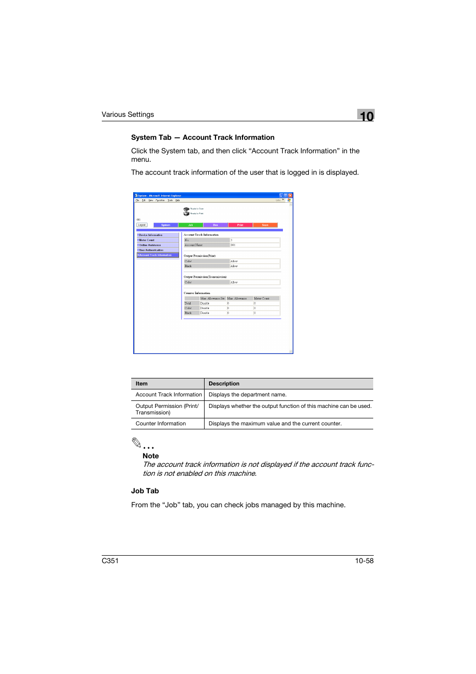 System tab - account track information, Job tab | Konica Minolta BIZHUB C351 User Manual | Page 291 / 380